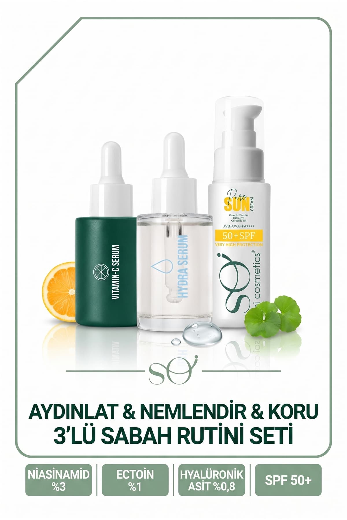 Soi Aydınlat Nemlendir Koru Seti - Niasinamid Serum + Ectoinli Hydra Serum + SPF 50+ Güneş Kremi 3'lü Set 30ml 30ml 50ml
