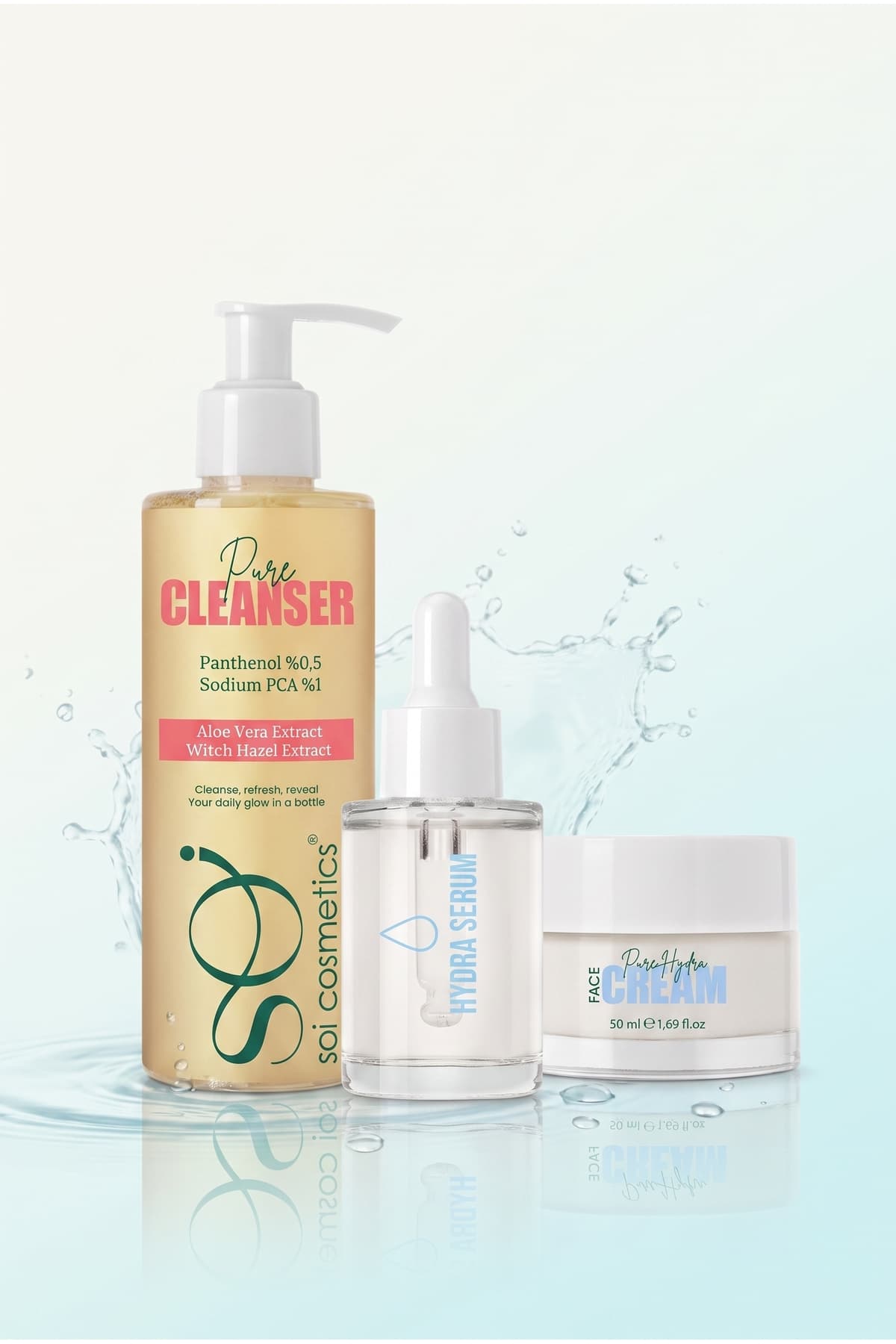 Soi Yoğun Nem Seti - Sülfatsız Temizleyici + Ectoinli Hyalüronik Asit Serum + Pentavitinli Nem Kremi 3'lü Set 200ml 30ml 50ml