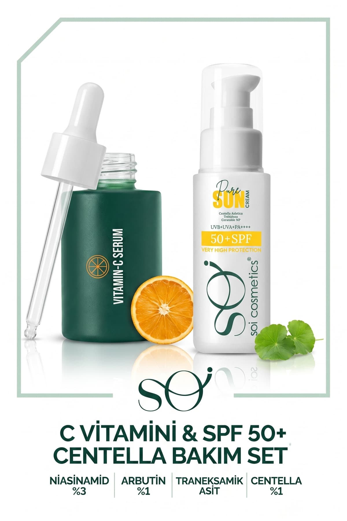 Soi C Vitamini Serum + SPF 50+ Güneş Kremi Seti - Niasinamid Arbutin Aydınlatıcı Serum ve Centellalı Güneş Koruyucu 2'li Set 30ml 50ml