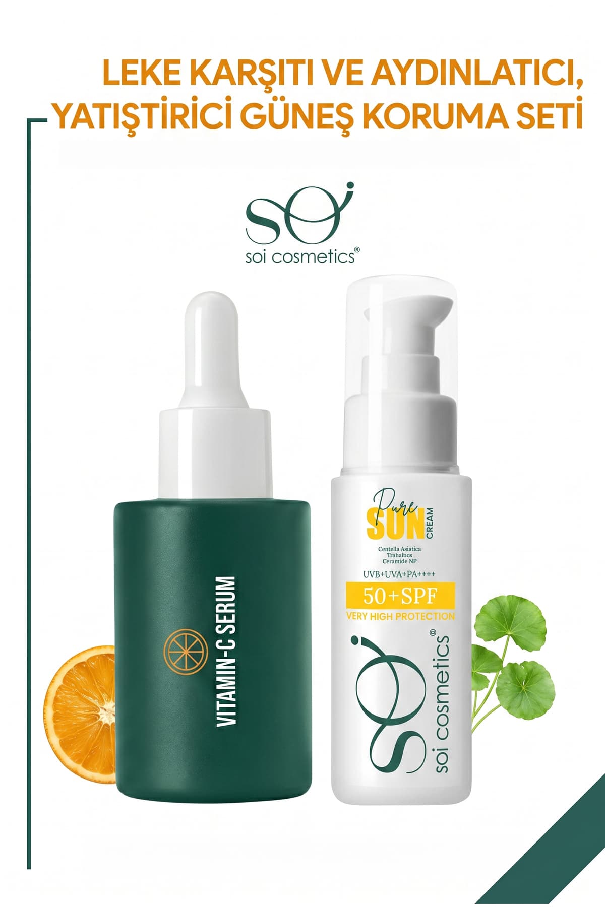 Soi C Vitamini Serum + SPF 50+ Güneş Kremi Seti - Niasinamid Arbutin Aydınlatıcı Serum ve Centellalı Güneş Koruyucu 2'li Set 30ml 50ml