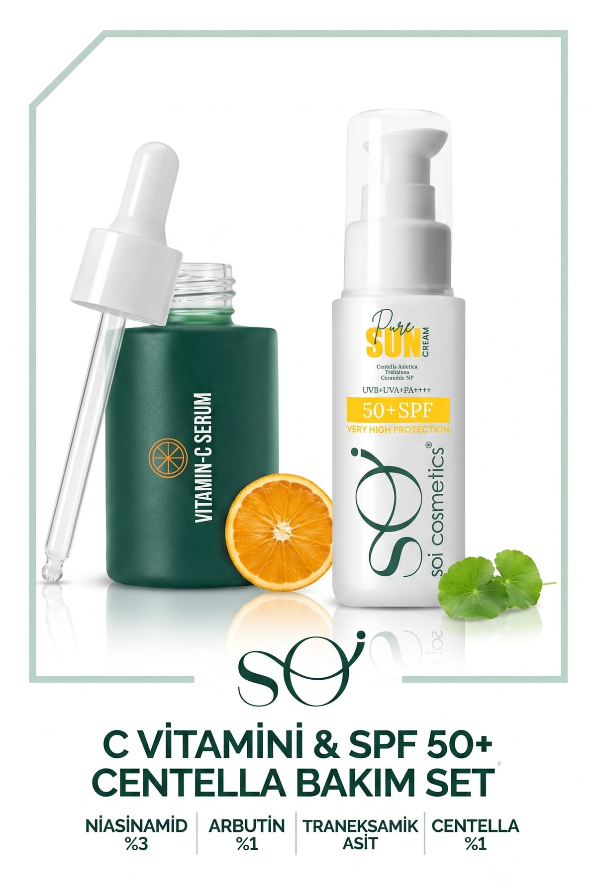 Soi C Vitamini Serum + SPF 50+ Güneş Kremi Seti - Niasinamid Arbutin Aydınlatıcı Serum ve Centellalı Güneş Koruyucu 2'li Set 30ml 50ml