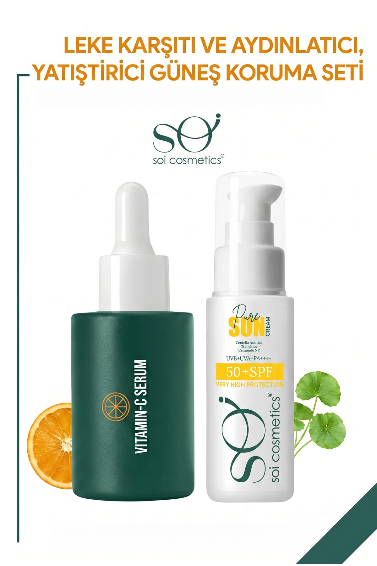 Soi C Vitamini Serum + SPF 50+ Güneş Kremi Seti - Niasinamid Arbutin Aydınlatıcı Serum ve Centellalı Güneş Koruyucu 2'li Set 30ml 50ml