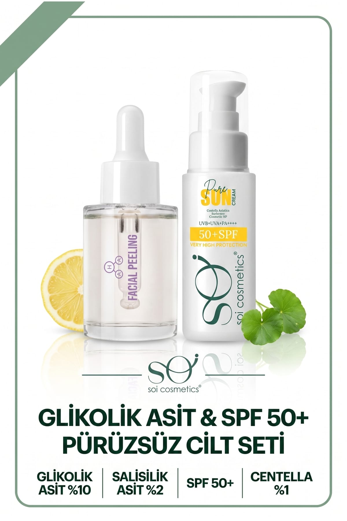 Soi Pürüzsüz Cilt Seti - AHA BHA Peeling Serum + SPF 50+ Güneş Kremi 2'li Set