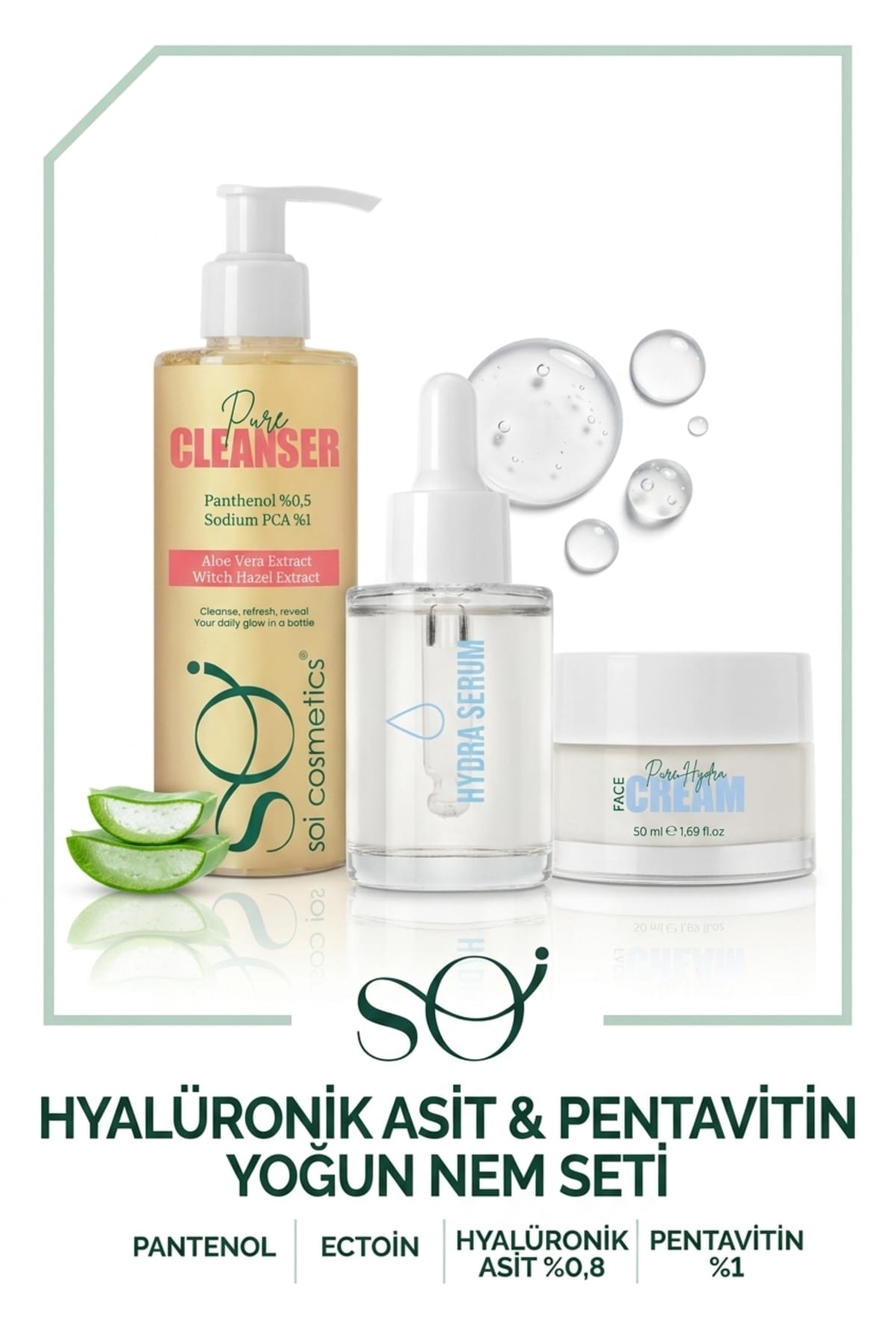 Soi Yoğun Nem Seti - Sülfatsız Temizleyici + Ectoinli Hyalüronik Asit Serum + Pentavitinli Nem Kremi 3'lü Set 200ml 30ml 50ml